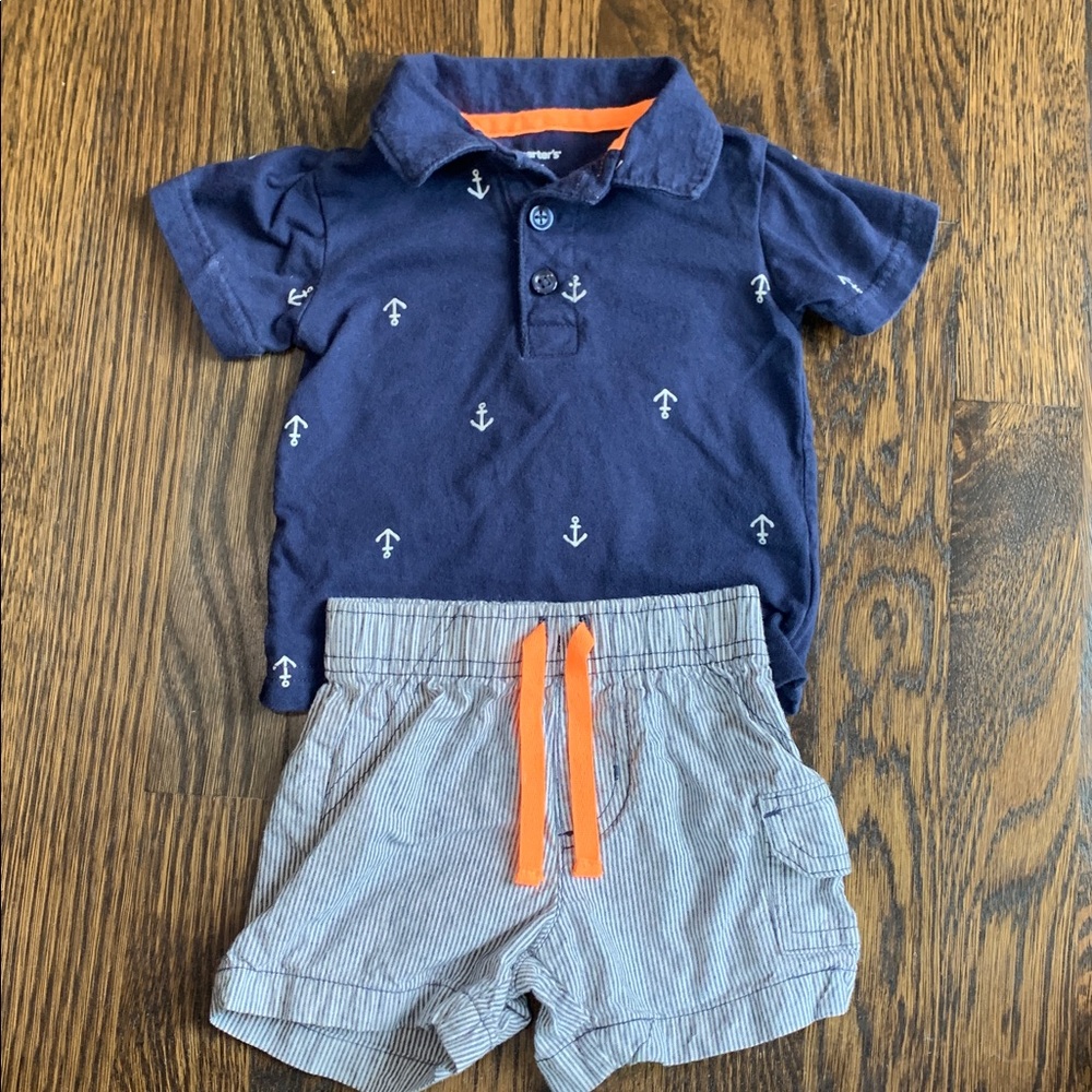 Navy Anchor Print Polo and Striped Shorts Set - 6mo